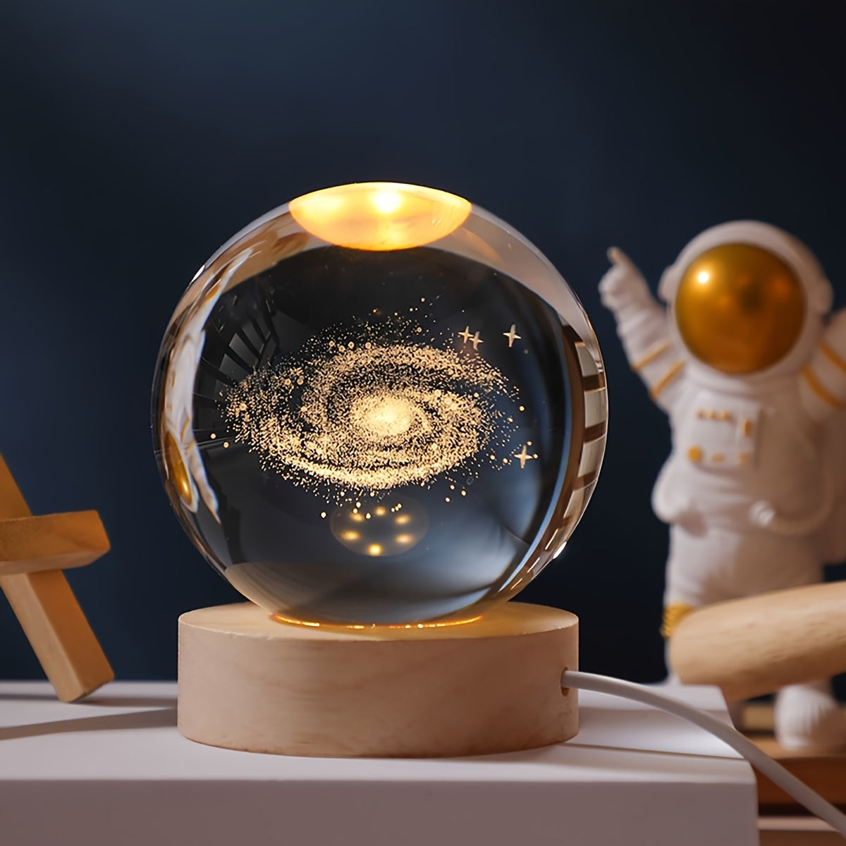 3D Galaxy Crystal Ball Night Light – Saturn Laser-Engraved, USB Powered Milky Way / 6cm Ball + Round Wooden Base MAHYSTYLE