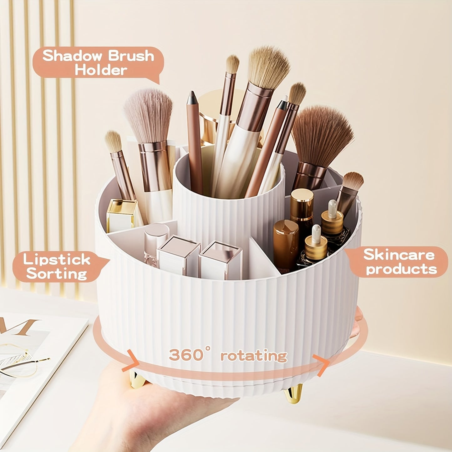 360° Rotating Makeup Brush Organizer – Large Capacity Storage Box White MAHYSTYLE