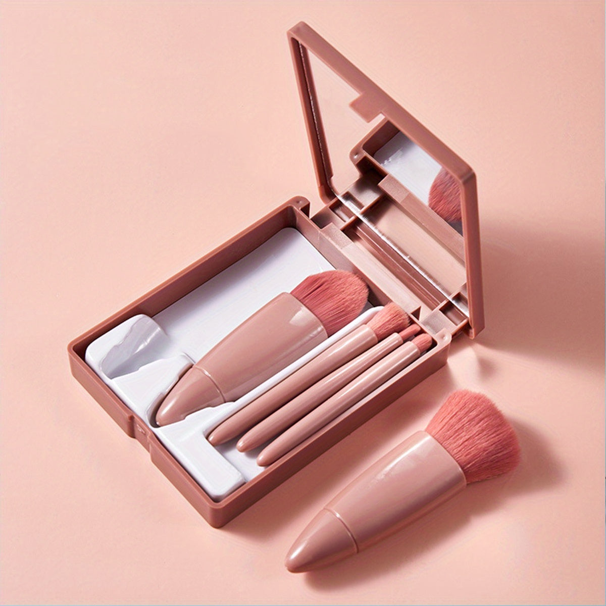 5-Piece Makeup Brush Set with Mirror Box – Portable & Versatile | Face & Eye Brushes Coffee color MAHYSTYLE