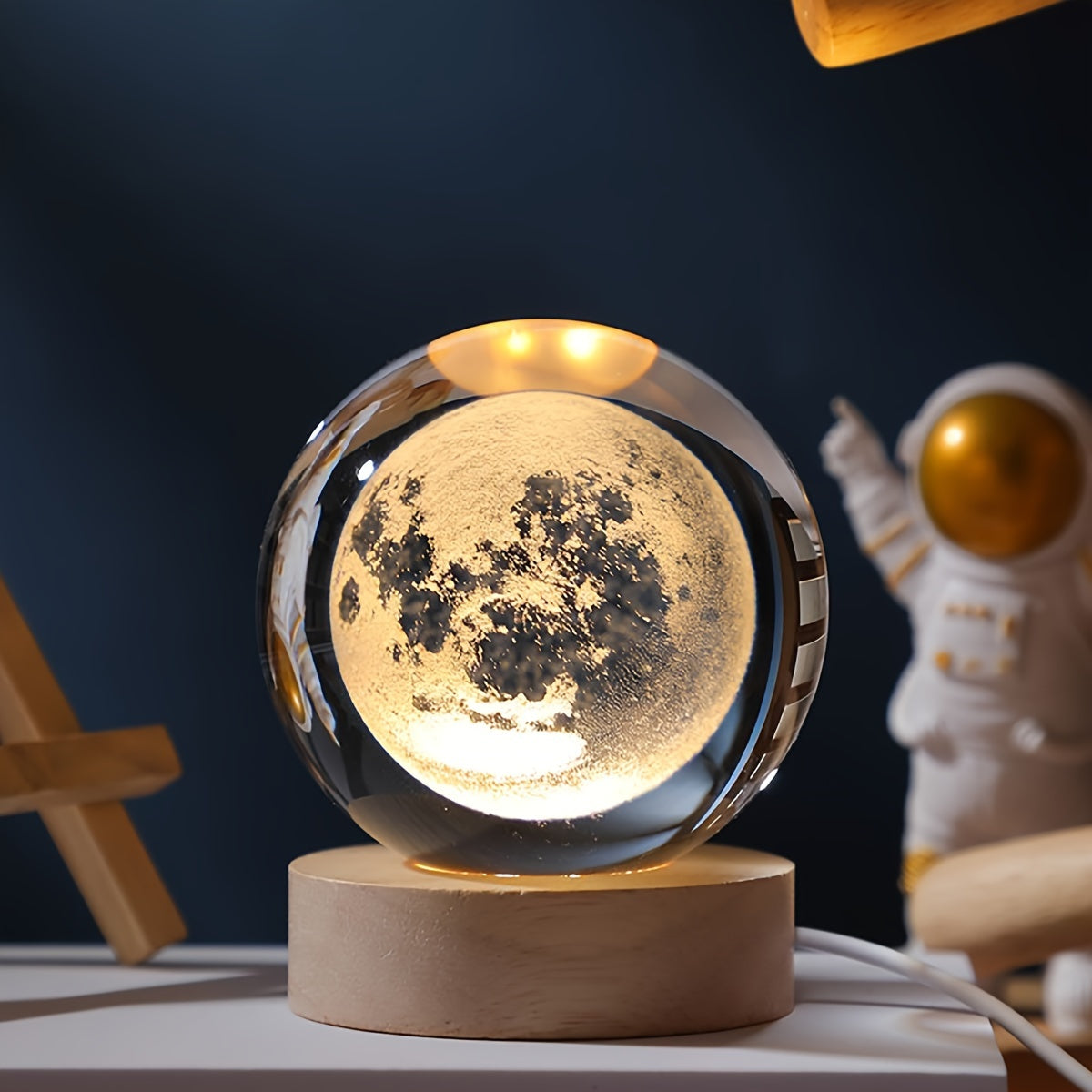 3D Galaxy Crystal Ball Night Light – Saturn Laser-Engraved, USB Powered Moon / 6cm Ball + Round Wooden Base MAHYSTYLE