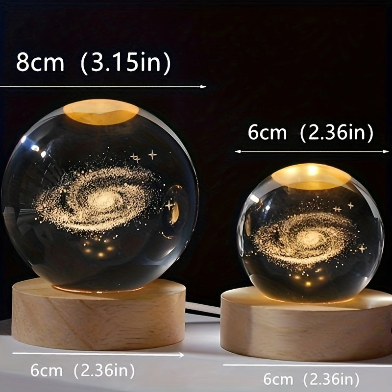 3D Galaxy Crystal Ball Night Light – Saturn Laser-Engraved, USB Powered Milky Way / 6cm Ball + Round Wooden Base MAHYSTYLE