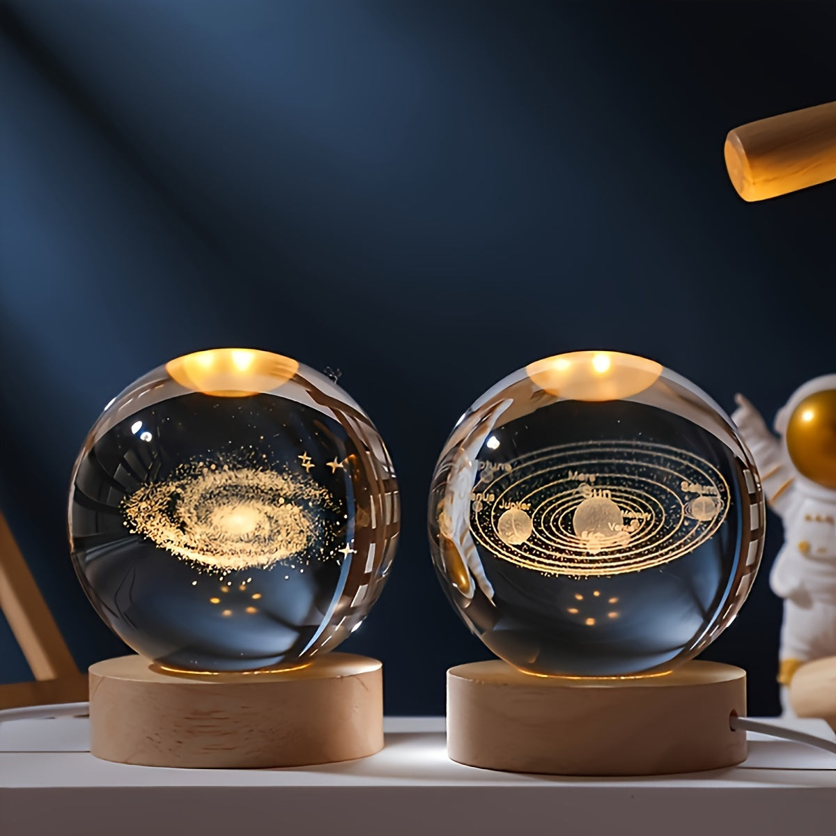 3D Galaxy Crystal Ball Night Light – Saturn Laser-Engraved, USB Powered Milky Way / 6cm Ball + Round Wooden Base MAHYSTYLE