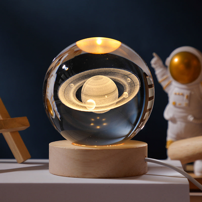 3D Galaxy Crystal Ball Night Light – Saturn Laser-Engraved, USB Powered Milky Way / 6cm Ball + Round Wooden Base MAHYSTYLE