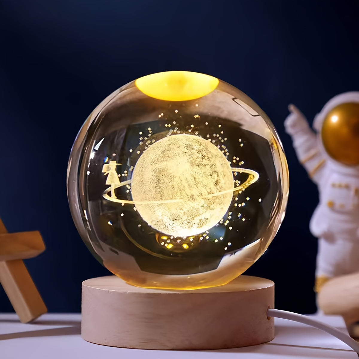 3D Galaxy Crystal Ball Night Light – Saturn Laser-Engraved, USB Powered starry sky / 6cm Ball + Round Wooden Base MAHYSTYLE