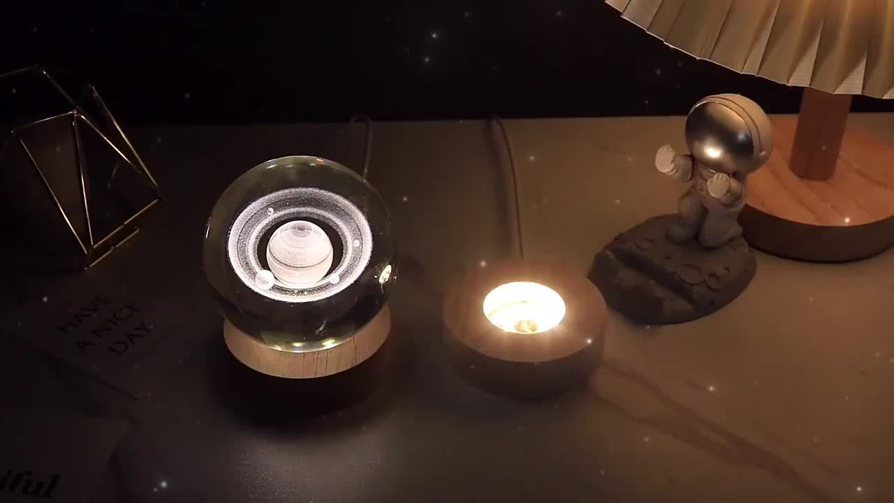 3D Galaxy Crystal Ball Night Light – Saturn Laser-Engraved, USB Powered Milky Way / 6cm Ball + Round Wooden Base MAHYSTYLE
