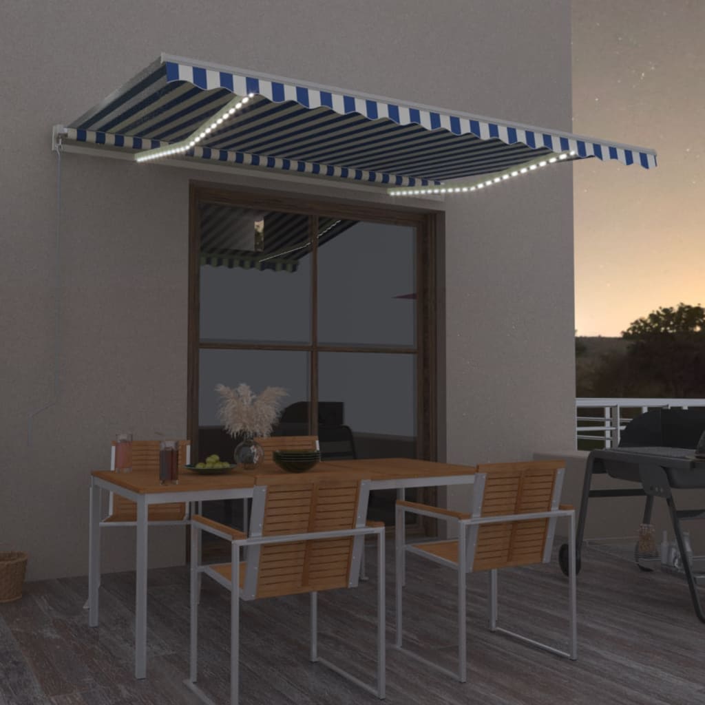 Automatisk Markise Med Vindsensor Og Led 400X350 Cm Blå Og Hvit