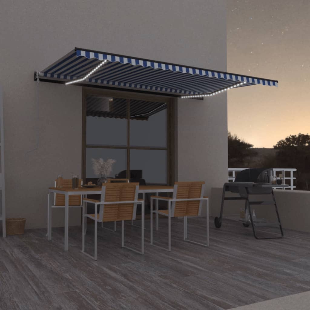Automatisk Markise Med Vindsensor Og Led 500X300 Cm Blå Og Hvit
