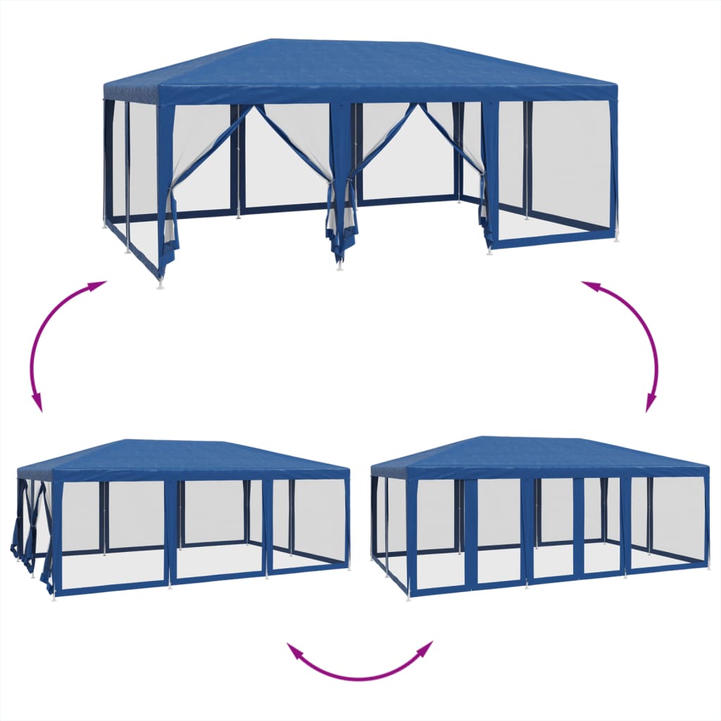 Festtelt Med 10 Sidevegger Av Netting Blå 6X4 M Hdpe