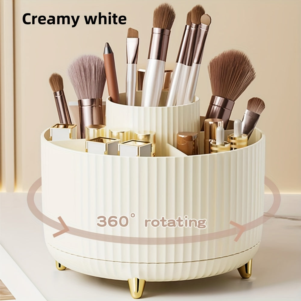 360° Rotating Makeup Brush Organizer – Large Capacity Storage Box Creamy White MAHYSTYLE