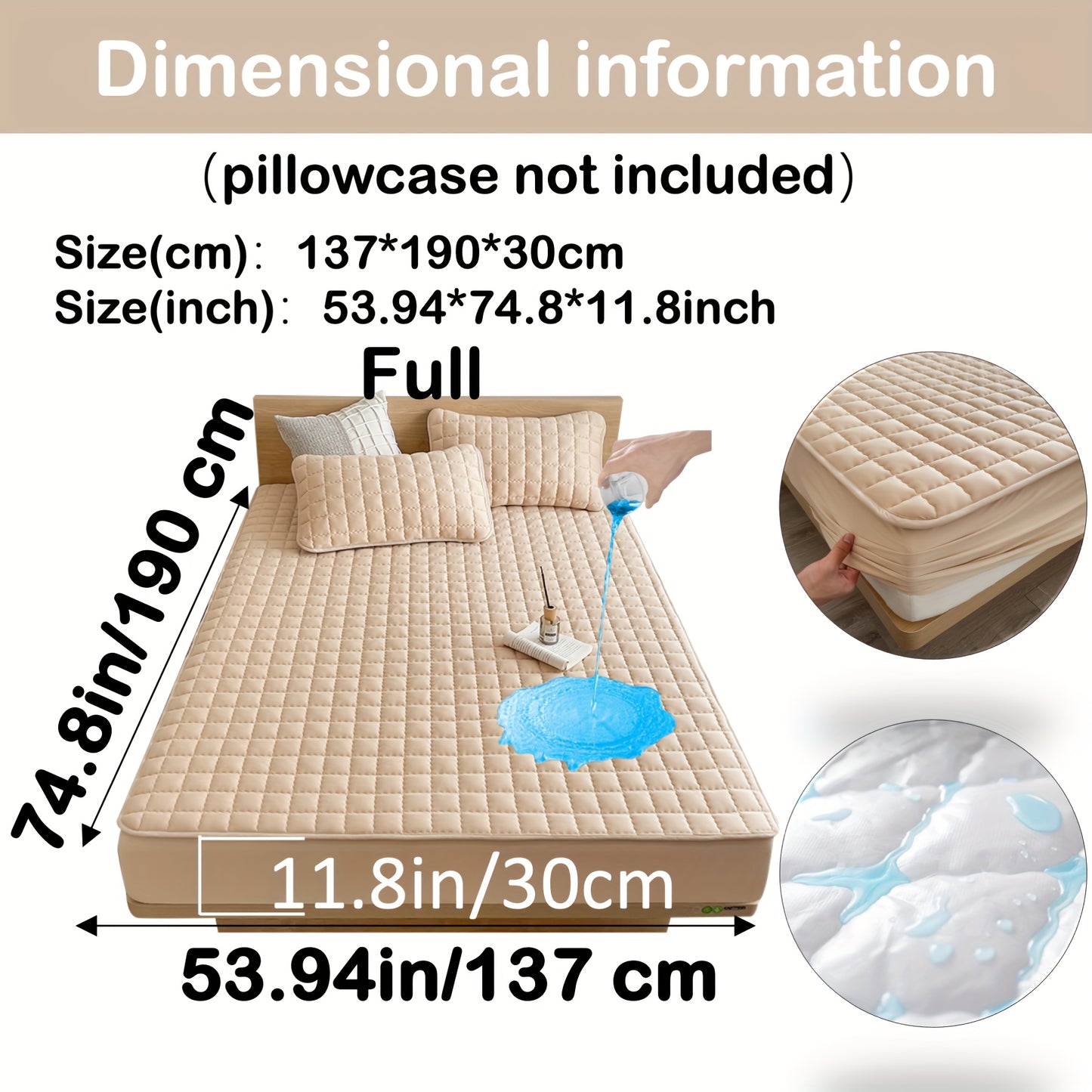 Quilted Waterproof Mattress Protector – Soft & Comfortable Fitted Cover for Bedroom & Guest Room Khaki / FULL(137*190*30CM) MAHYSTYLE