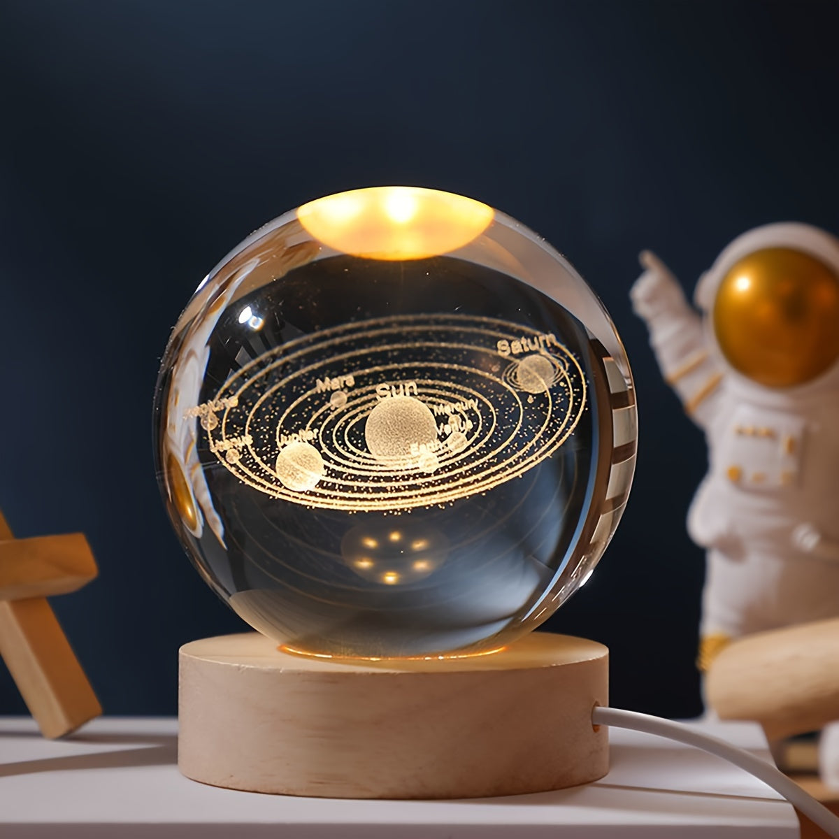 3D Galaxy Crystal Ball Night Light – Saturn Laser-Engraved, USB Powered Solar System / 6cm Ball + Round Wooden Base MAHYSTYLE