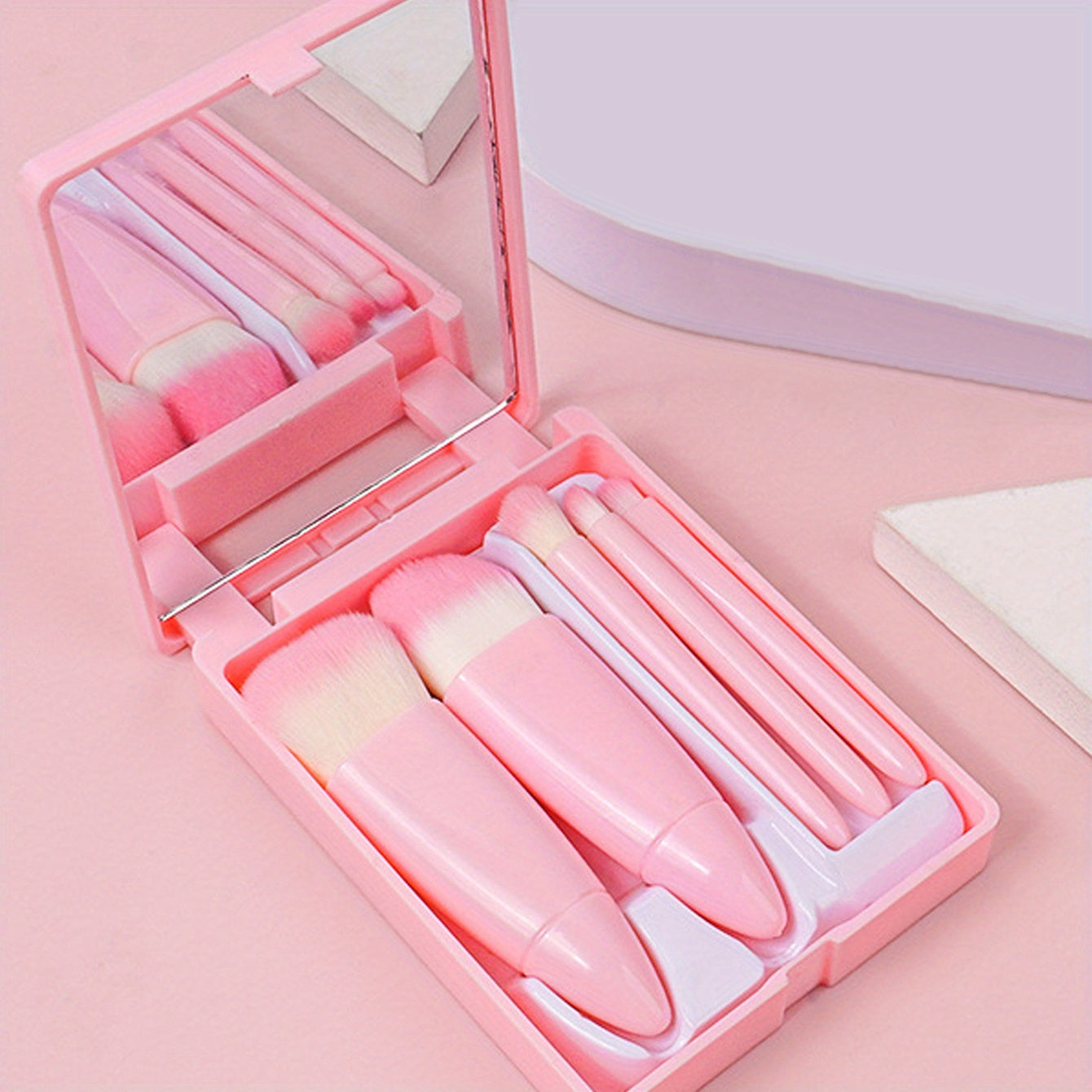 5-Piece Makeup Brush Set with Mirror Box – Portable & Versatile | Face & Eye Brushes Pink MAHYSTYLE