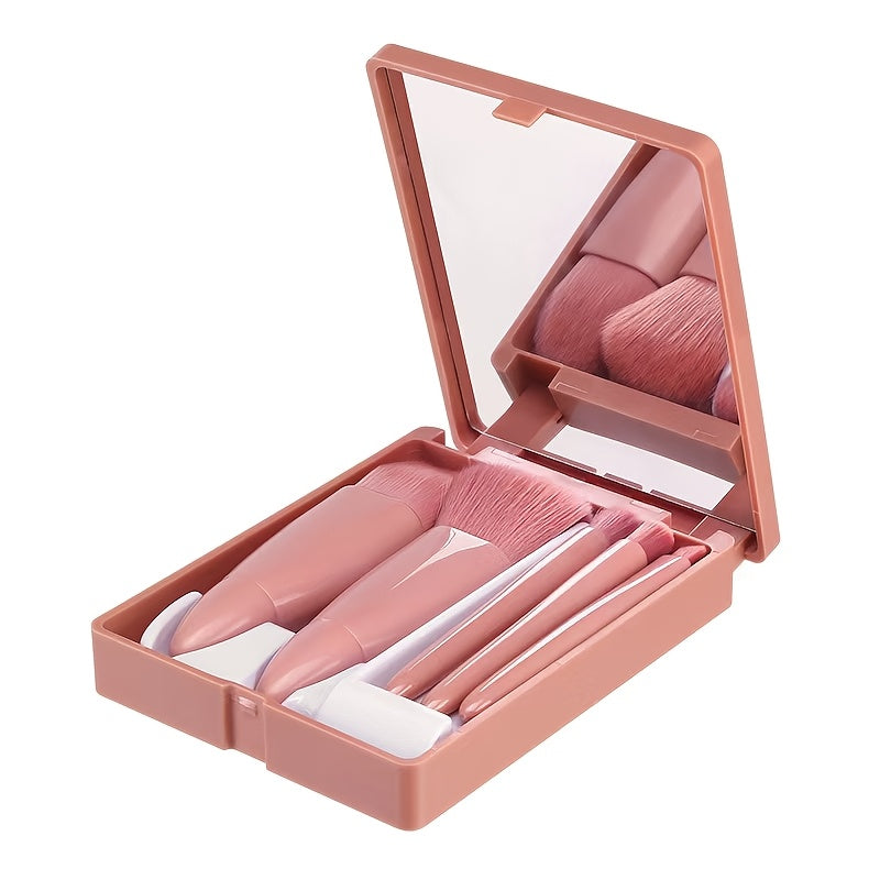 5pcs Travel Makeup Brush Set with Mirror – Perfect for Beginners & On-the-Go Beauty 5pcs Brown Mirror Box MAHYSTYLE
