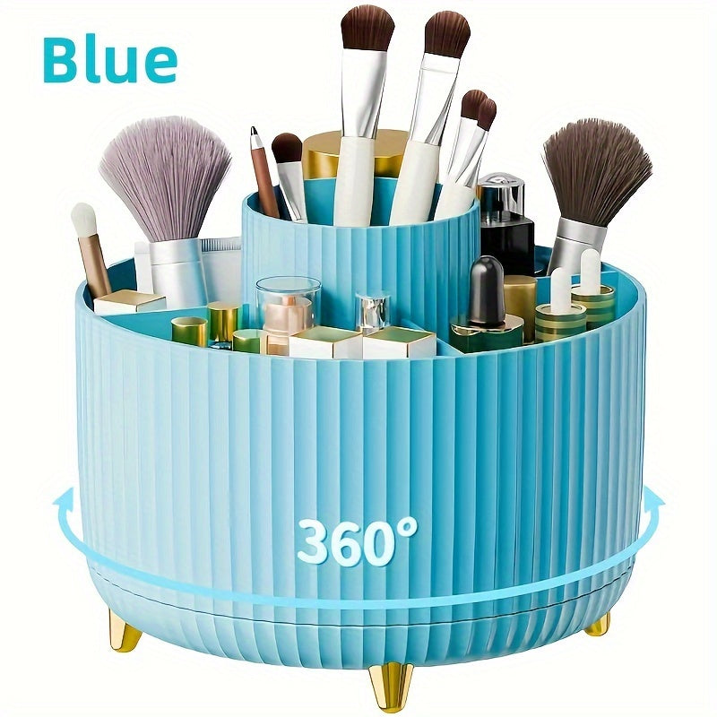 360° Rotating Makeup Brush Organizer – Large Capacity Storage Box Blue MAHYSTYLE