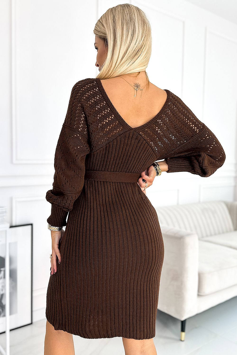 Elegant Openwork Long-Sleeve Sweater Dress by Numoco – Stylish & Cozy beige / one-size-fits-all MAHYSTYLE