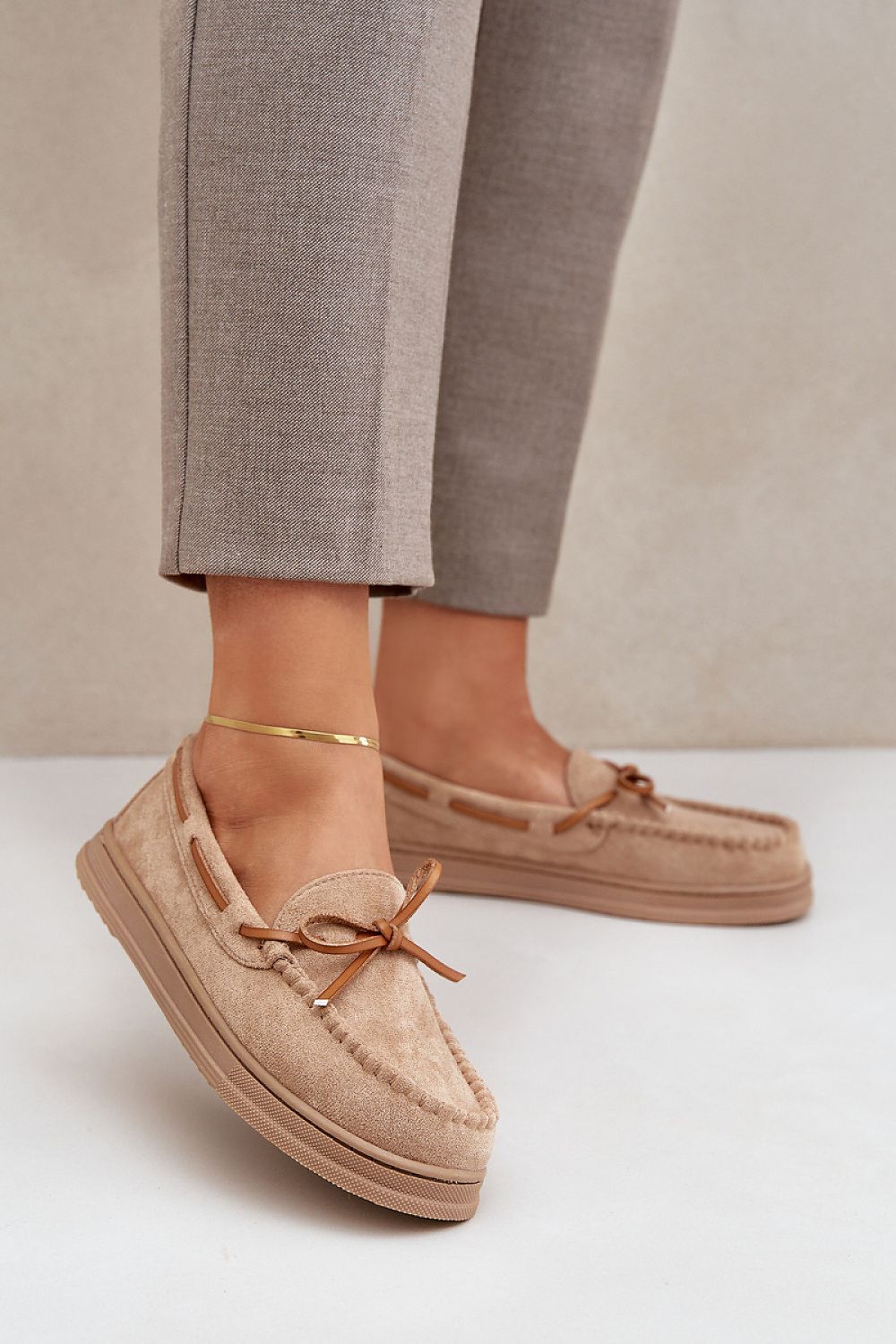 Women's Moccasins with Bow – Faux Suede Footwear for Everyday Elegance beige / 36 MAHYSTYLE