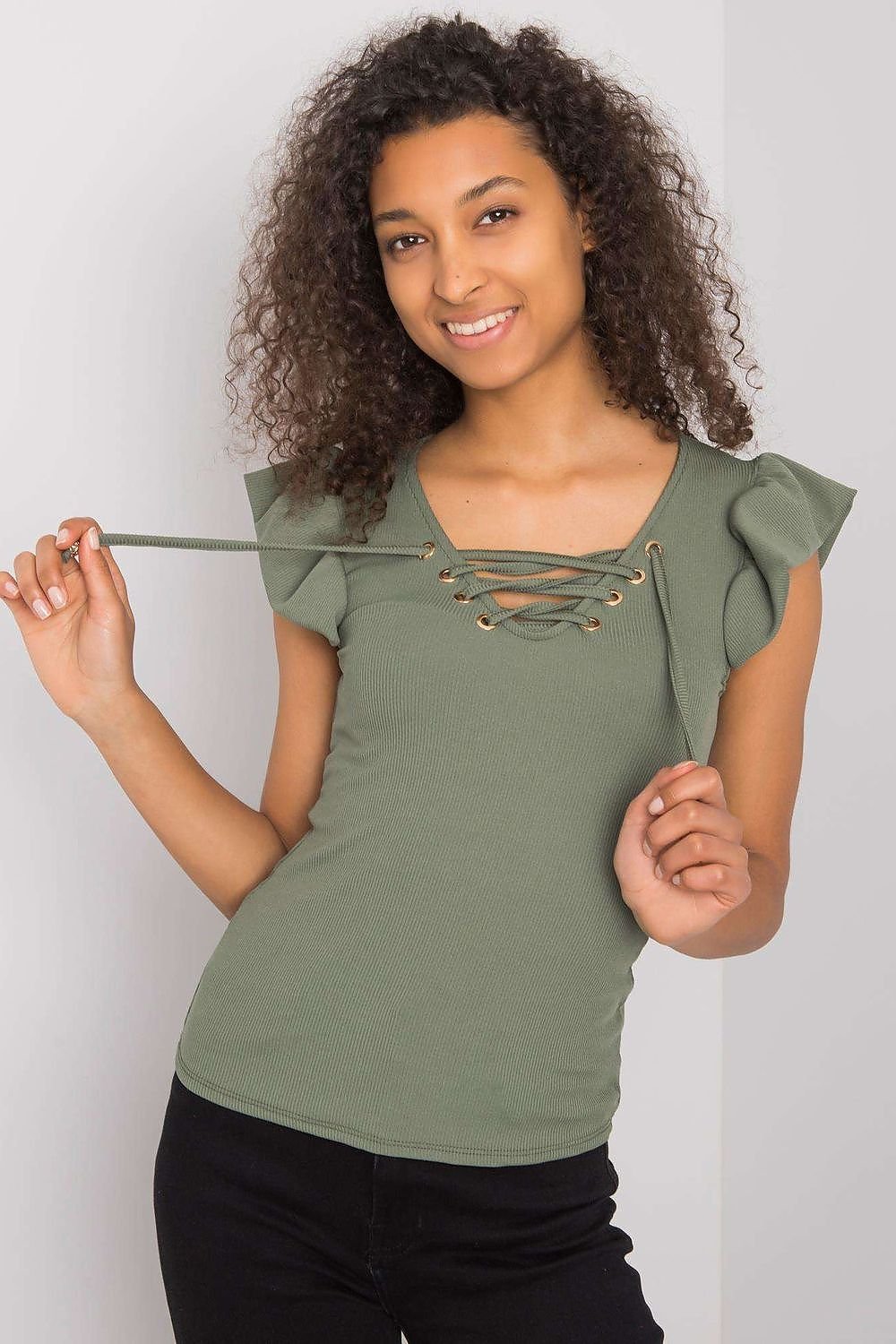 Short-Sleeve Ribbed Blouse green / one-size-fits-all MAHYSTYLE