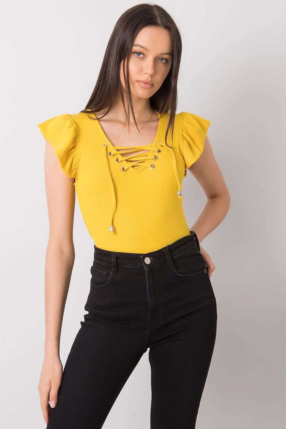 Short-Sleeve Ribbed Blouse yellow / one-size-fits-all MAHYSTYLE
