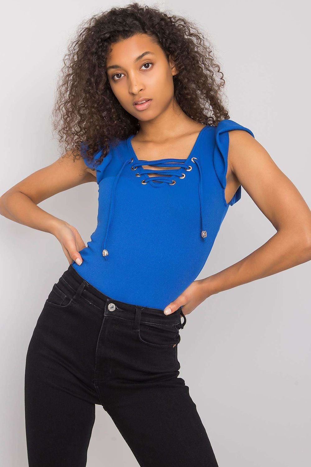 Short-Sleeve Ribbed Blouse blue / one-size-fits-all MAHYSTYLE