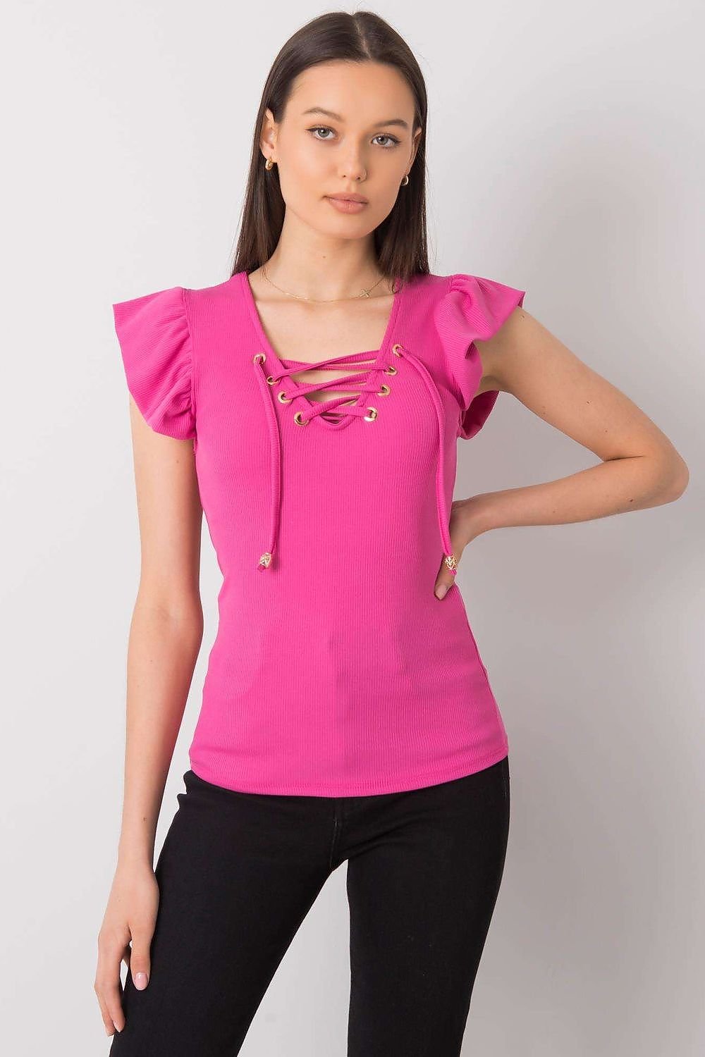 Short-Sleeve Ribbed Blouse pink / one-size-fits-all MAHYSTYLE