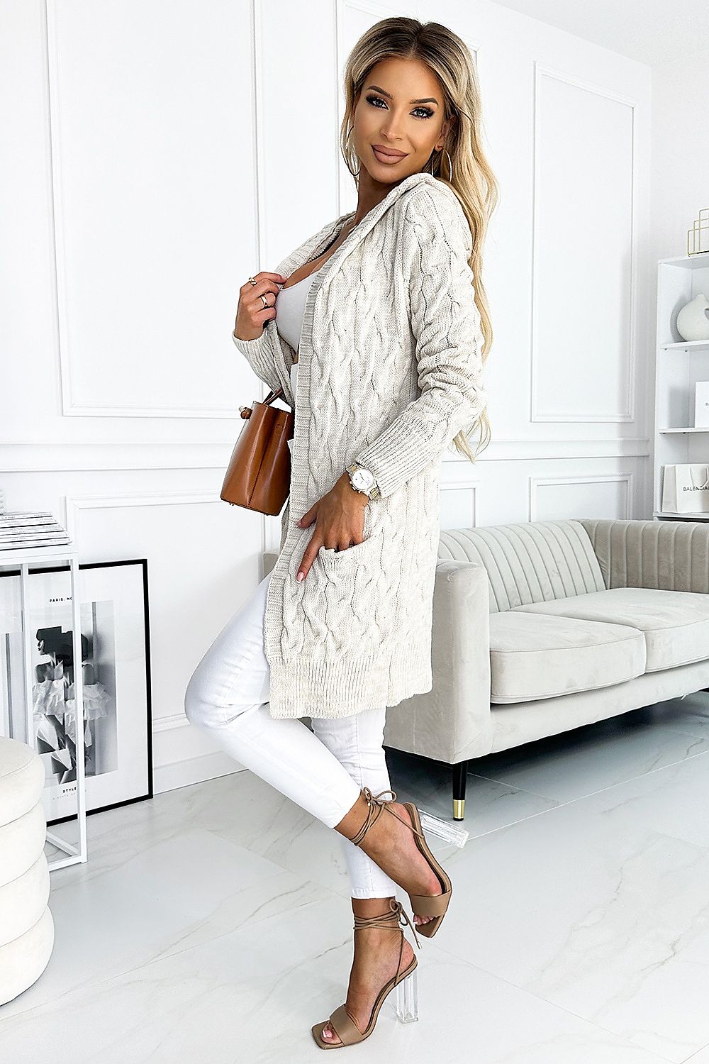 Beige Cardigan with Pockets one-size-fits-all MAHYSTYLE