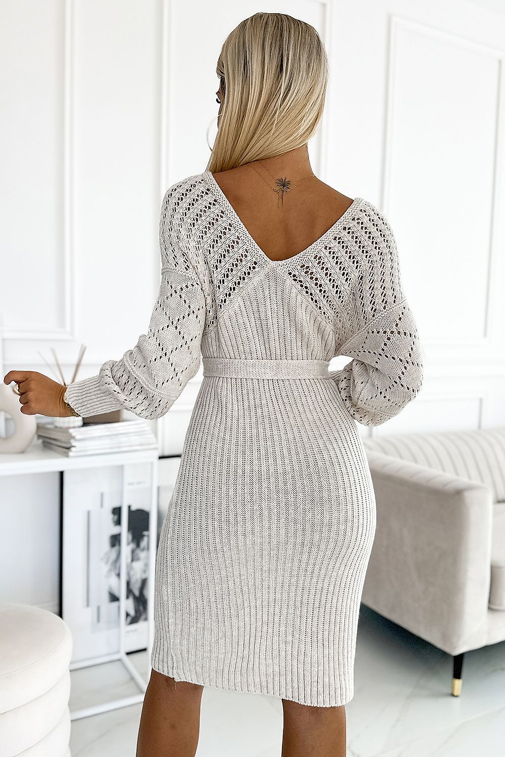 Elegant Openwork Long-Sleeve Sweater Dress by Numoco – Stylish & Cozy beige / one-size-fits-all MAHYSTYLE
