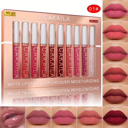 CAKAILA 10pcs Matte Lip Gloss Lipstick Set, Long-Lasting Waterproof Non-Stick Cup, Non-Fade Liquid Velvet, Red Shades, All Skin Types, Adult Use, Matte Finish, Beauty Personal Care