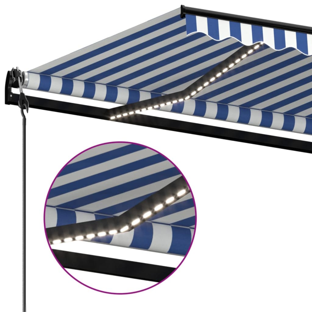 Automatisk Markise Med Vindsensor Og Led 500X300 Cm Blå Og Hvit