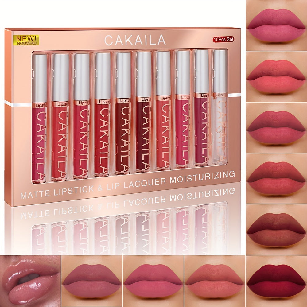 CAKAILA 10pcs Matte Lip Gloss Lipstick Set, Long-Lasting Waterproof Non-Stick Cup, Non-Fade Liquid Velvet, Red Shades, All Skin Types, Adult Use, Matte Finish, Beauty Personal Care