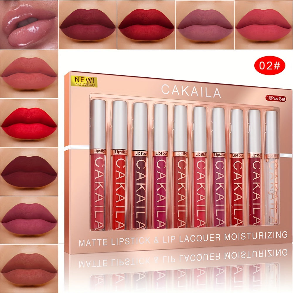 CAKAILA 10pcs Matte Lip Gloss Lipstick Set, Long-Lasting Waterproof Non-Stick Cup, Non-Fade Liquid Velvet, Red Shades, All Skin Types, Adult Use, Matte Finish, Beauty Personal Care