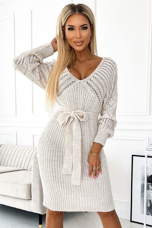 Openwork Long-Sleeve Dress beige / one-size-fits-all MAHYSTYLE